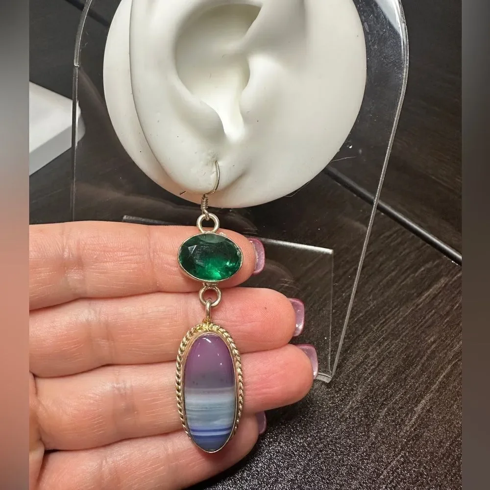 Genuine dyed agate and green quartz in‎ sterling silver dangle earrings!
